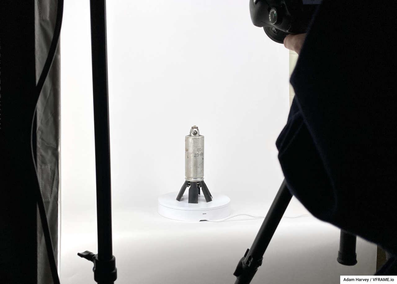 Capturing the original 9N235/9N210 submunition using photogrammetry with an automated turntable and DSLR camera. Photo: © Adam Harvey / VFRAME.io.