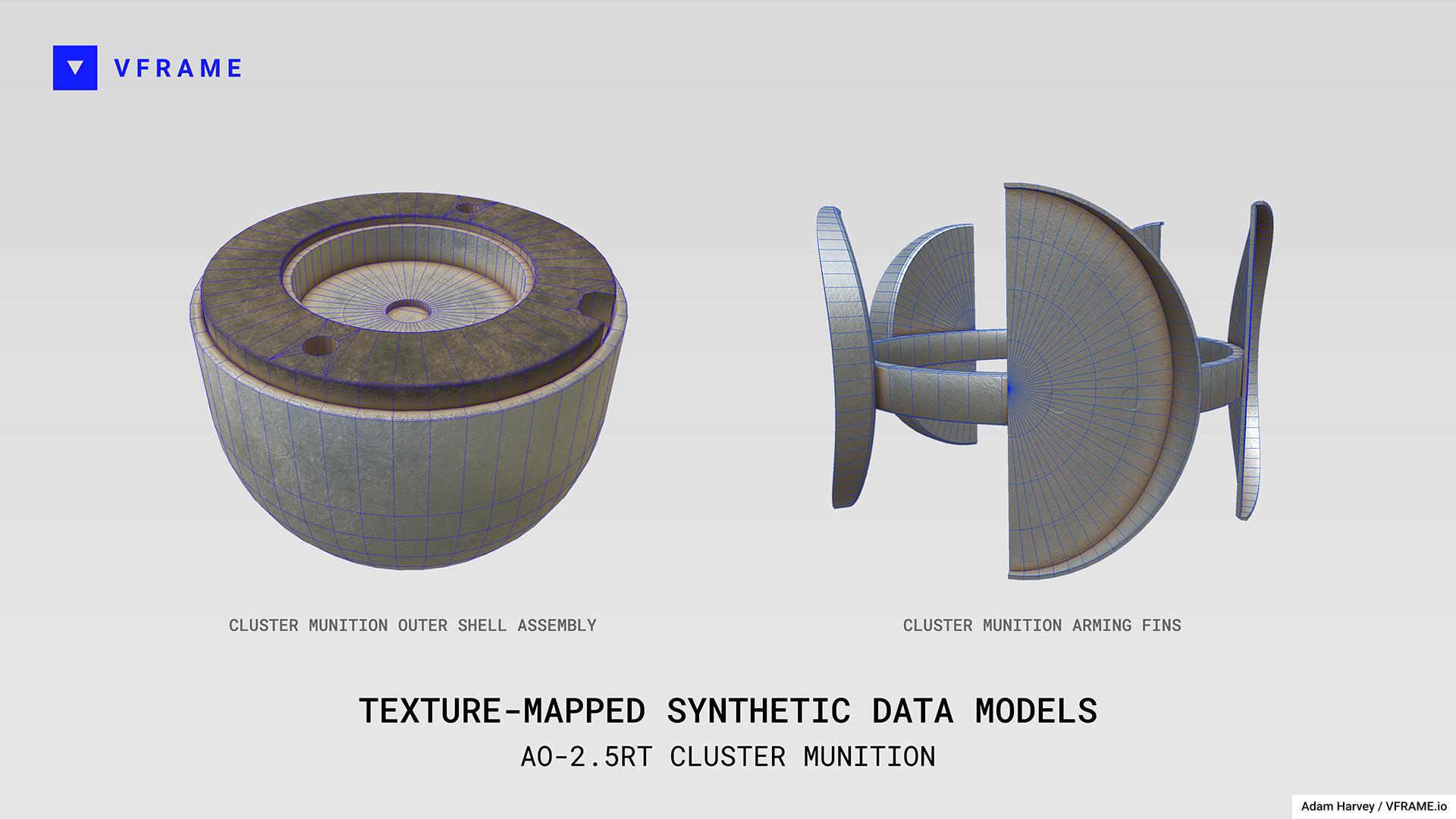 Texture-mapped 3D models of the AO-2.5RT cluster munition: shell assembly (left) and arming fins (right).